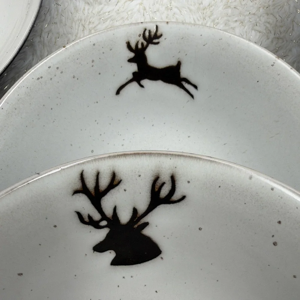 Set/4 Pottery Barn Rustic Forest Bowls Reindeer‎ Deer Stag Christmas Antlers
